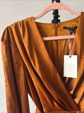 Alex Marie Satin Wrap Mini Dress in Rust